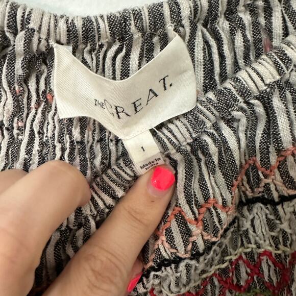 S The GREAT Striped Embroidered Linen Blend Off the Shoulder Blouse - Picture 3 of 4